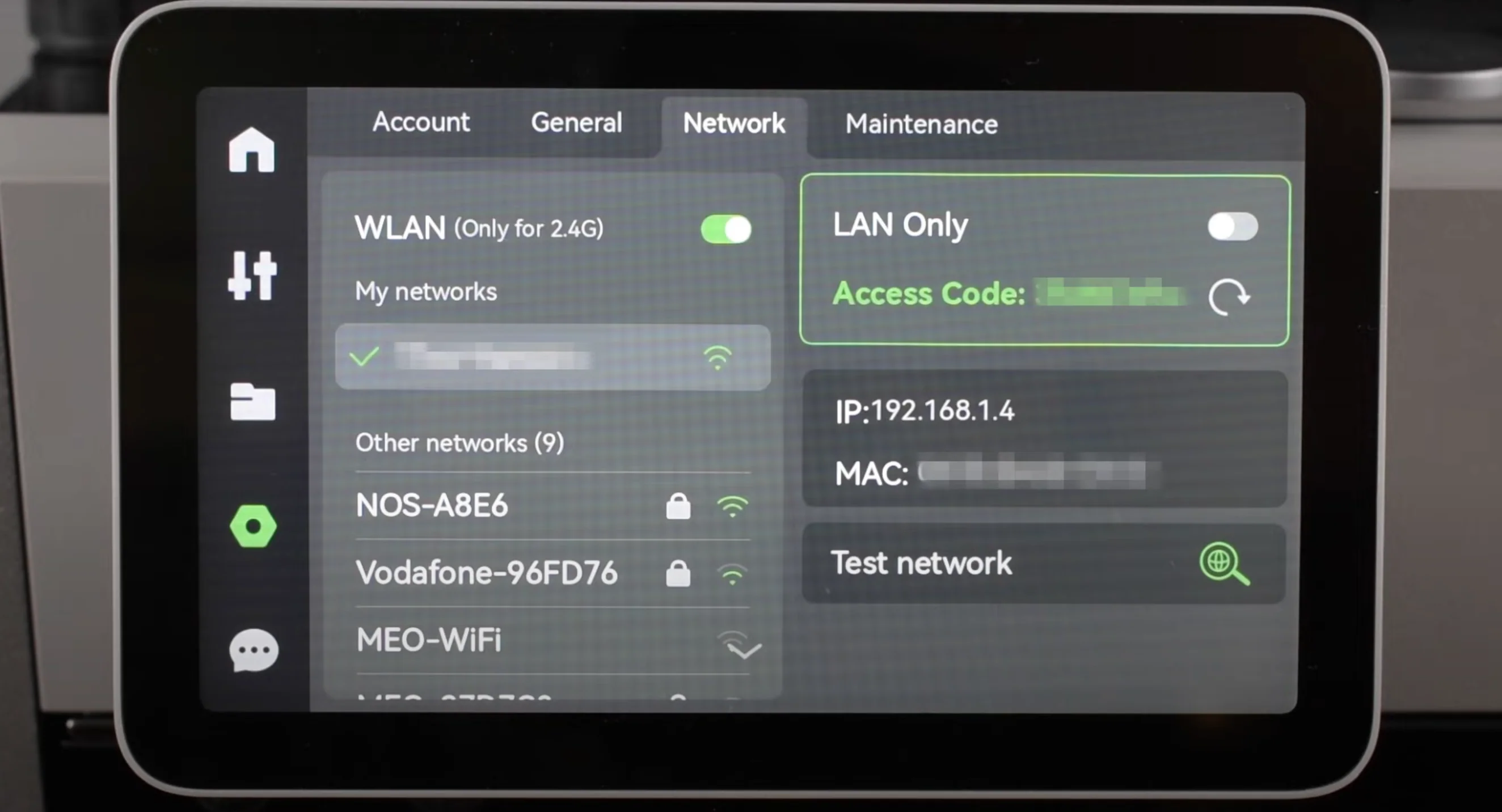 Access Code location on printer screen